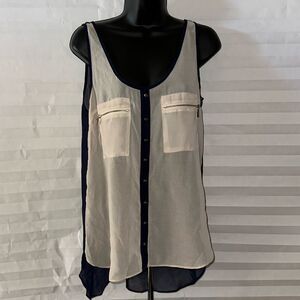 Double Zero Sheer Open Back Tank Top – Sleeveless – Dark Blue & White Small